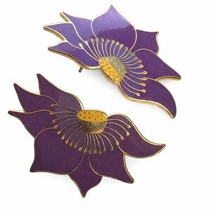 Laurel Burch Enamel Lotus Flower Earrings – Purple & Gold Statement Dangles